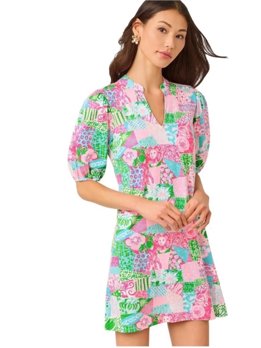 Lilly Pulitzer Carey Dress Multi Crazy Quilt Patchwork 100% Cotton Size XL